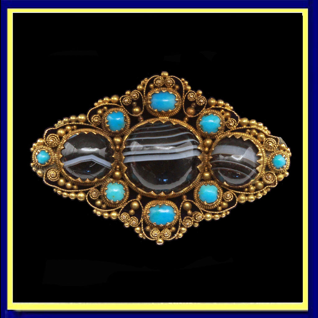 Antique Georgian brooch cannetille gold agate turquoise English Unisex  (7386)