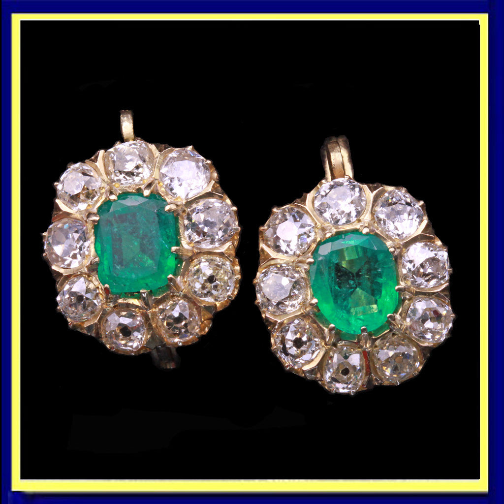 Antique Earrings natural Columbian emeralds Old Mine Cut diamonds 18k gold  (7305)