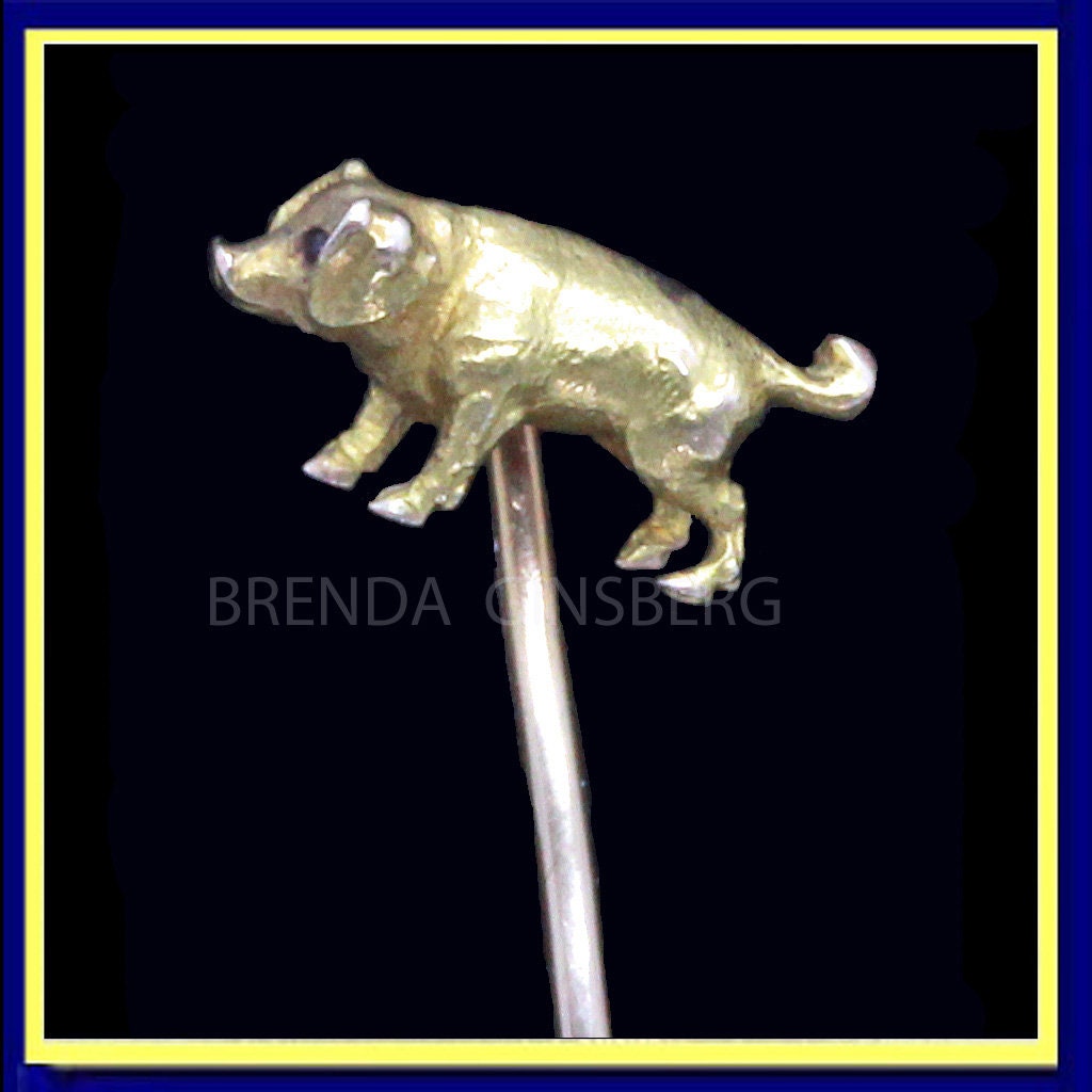 Antique Victorian Brooch 18K Gold French Bulldog Safety Pin Unisex Clasp (7325)