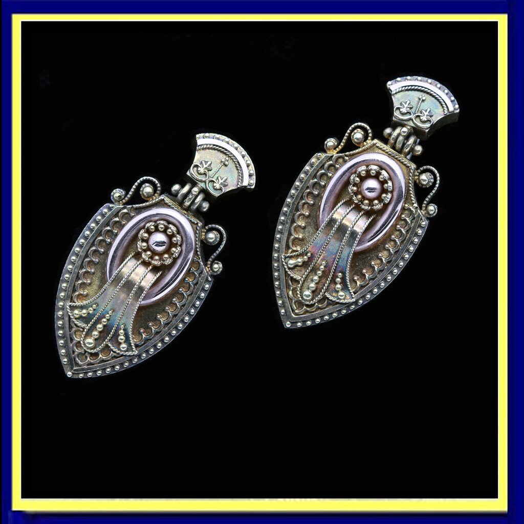 Antique Earrings Gold Pearls Filigree Granulation Etruscan Classic Revival (7226)