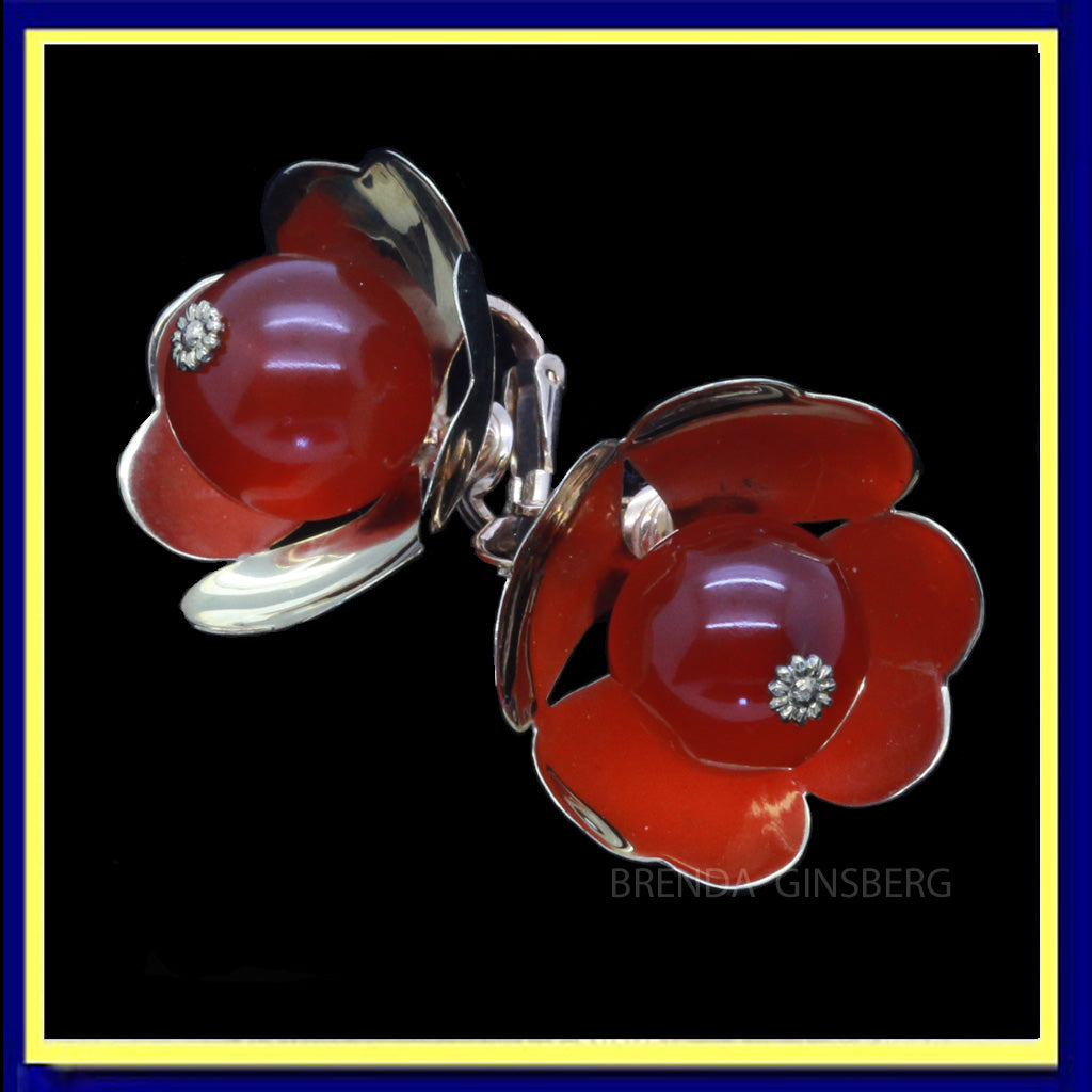 CARTIER Vintage Earrings Ear Clips Gold Carnelian Heart Flowers