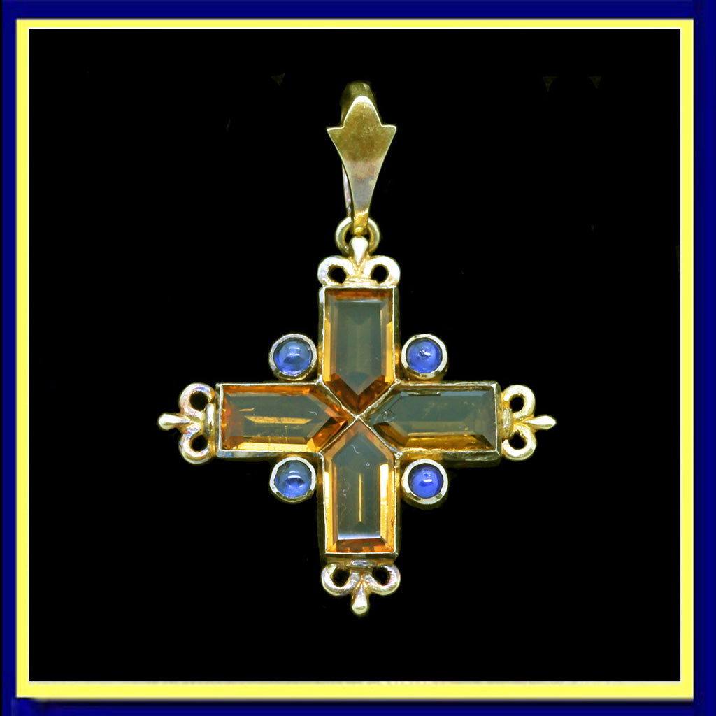 GIULIANO Antique Victorian Cross Pendant 18k Gold Sapphires