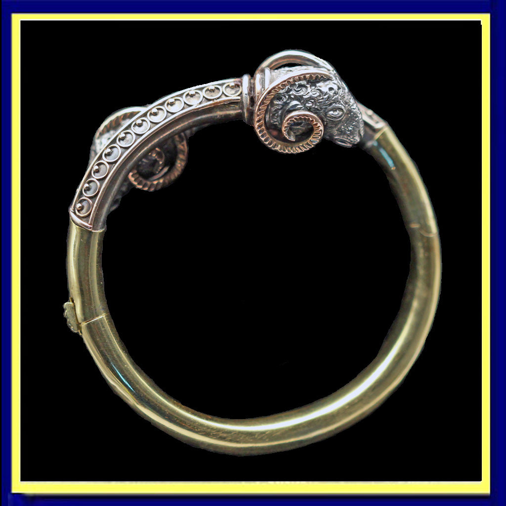 Victorian Etruscan Revival bangle rams heads gold silver mixed metals (7419)