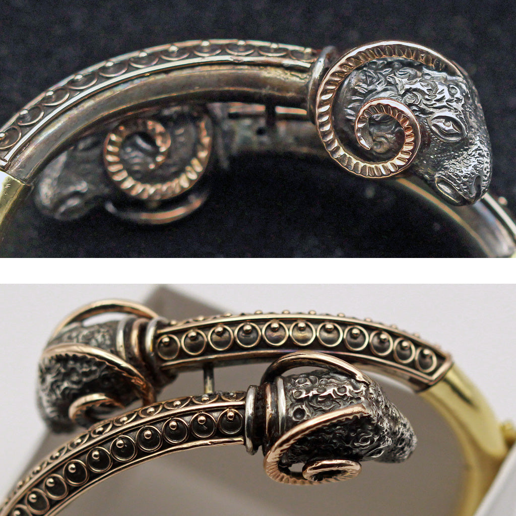 Victorian Etruscan Revival bangle rams heads gold silver mixed metals (7419)