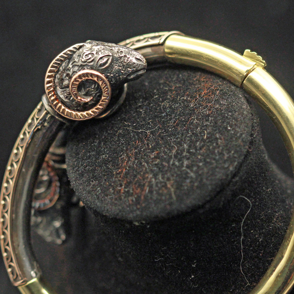 Victorian Etruscan Revival bangle rams heads gold silver mixed metals (7419)