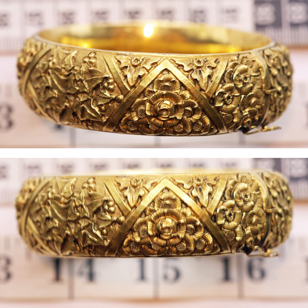 Antique Art Nouveau cuff bangle 18k gold botanical repousse Italy bracelet (7484)