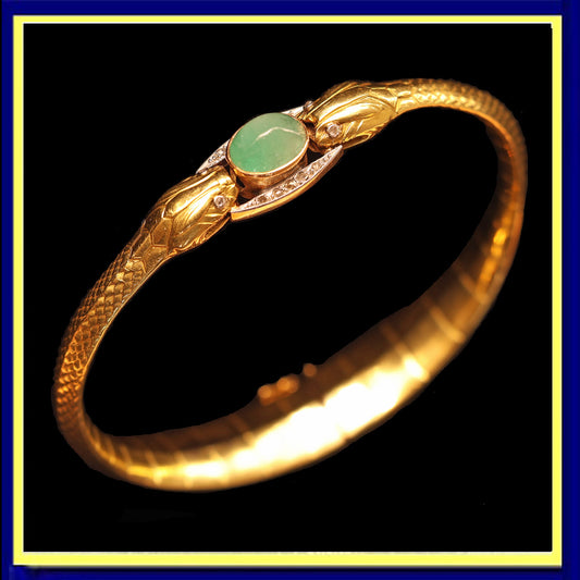 Antique Victorian Snakes Bangle Bracelet 18k gold emerald diamonds French (7496)