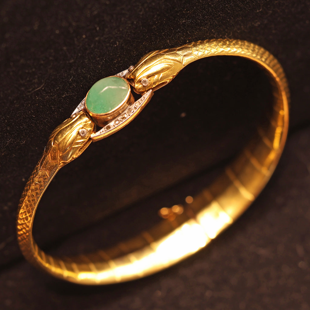 Antique Victorian Snakes Bangle Bracelet 18k gold emerald diamonds French (7496)