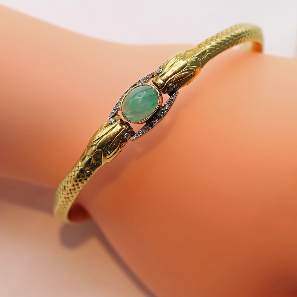 Antique Victorian Snakes Bangle Bracelet 18k gold emerald diamonds French (7496)