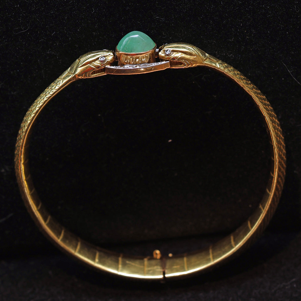 Antique Victorian Snakes Bangle Bracelet 18k gold emerald diamonds French (7496)