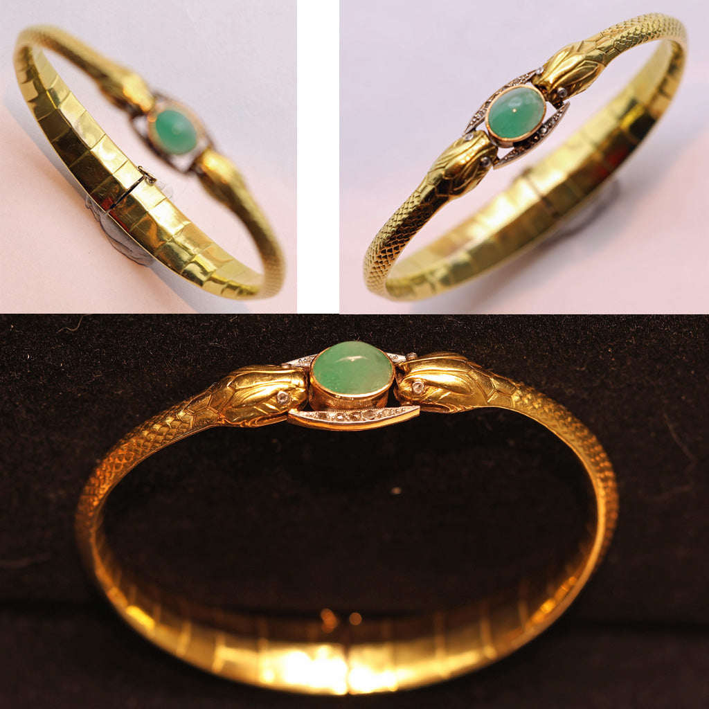 Antique Victorian Snakes Bangle Bracelet 18k gold emerald diamonds French (7496)