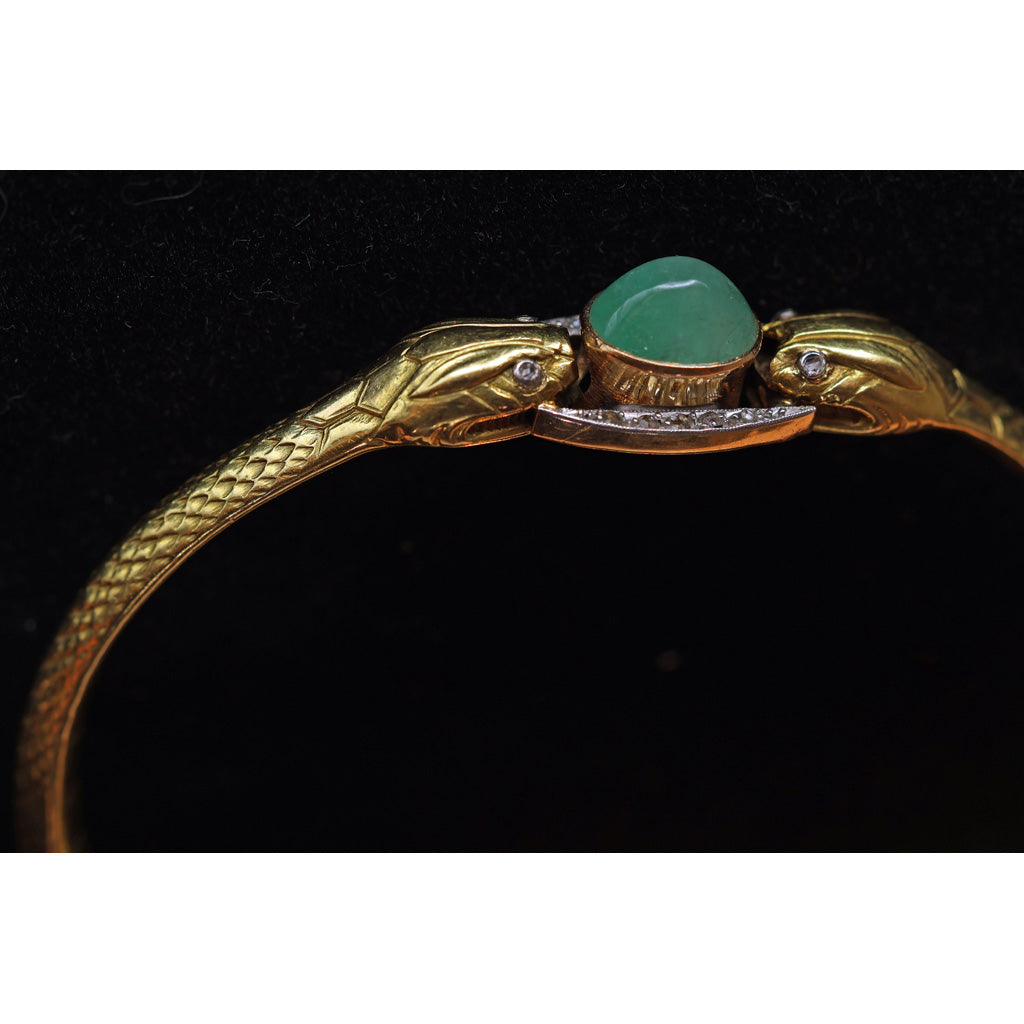 Antique Victorian Snakes Bangle Bracelet 18k gold emerald diamonds French (7496)