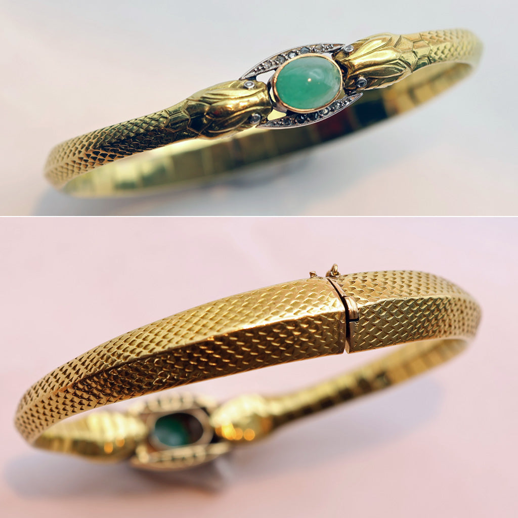 Antique Victorian Snakes Bangle Bracelet 18k gold emerald diamonds French (7496)