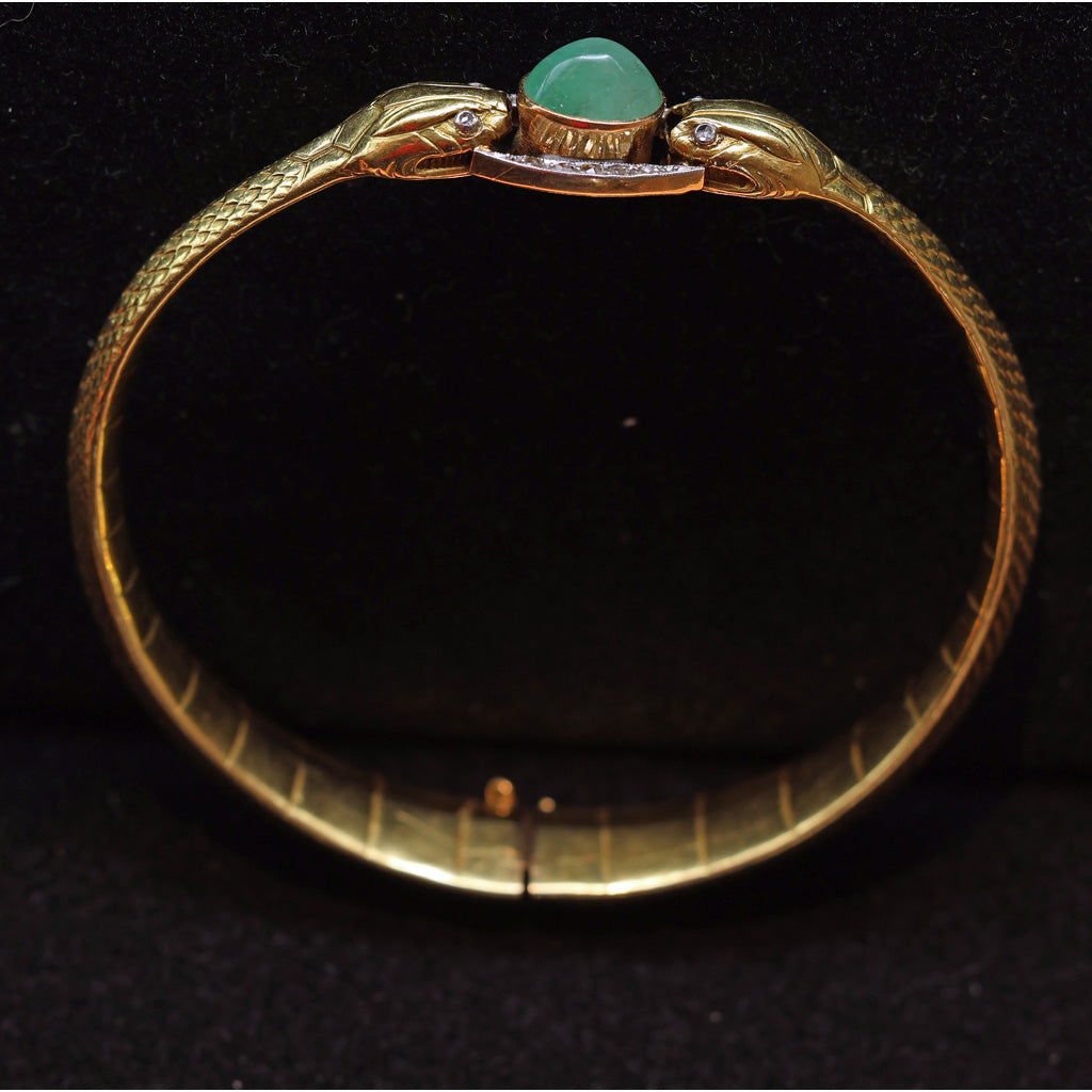 Antique Victorian Snakes Bangle Bracelet 18k gold emerald diamonds French (7496)