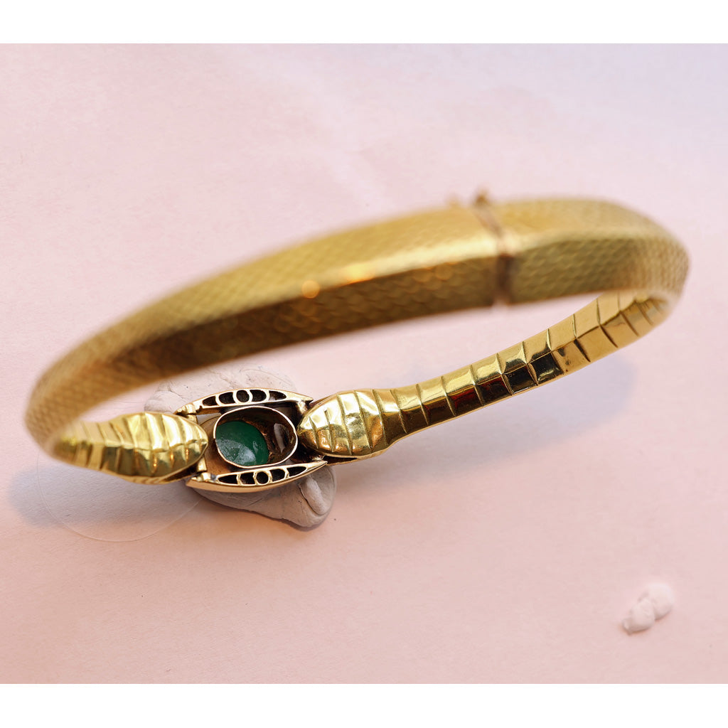 Antique Victorian Snakes Bangle Bracelet 18k gold emerald diamonds French (7496)