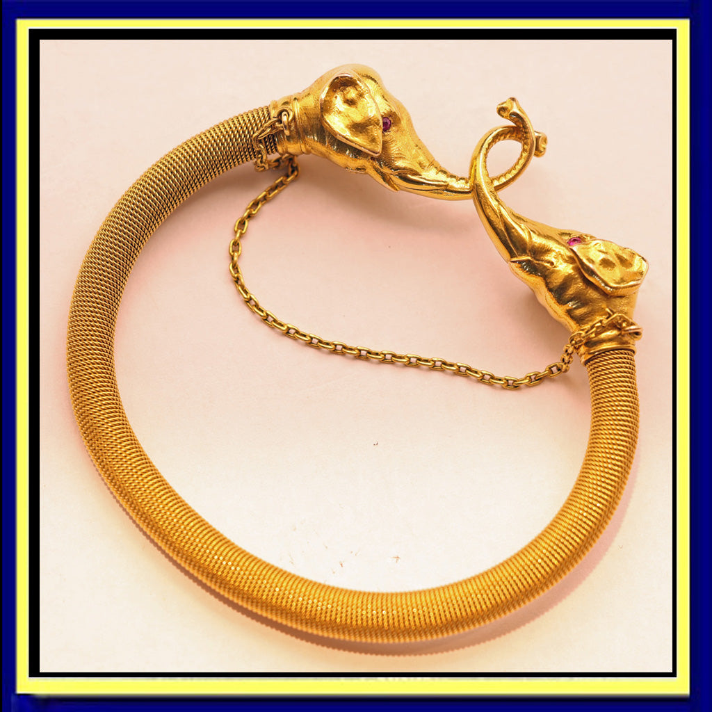 Antique bangle 18k gold bracelet elephants English Signed lucky luxury (7506)