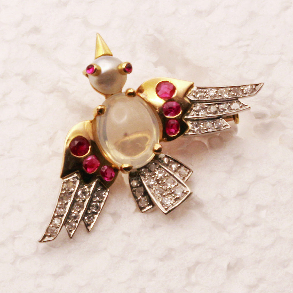Brenda Ginsberg Antique Jewelry Retro Vintage Brooch Gold Platin Diamonds Ruby Moonstone Pearl French Bird (7324