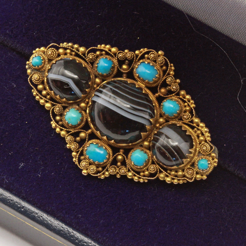 Antique Georgian brooch cannetille gold agate turquoise English Unisex  (7386)