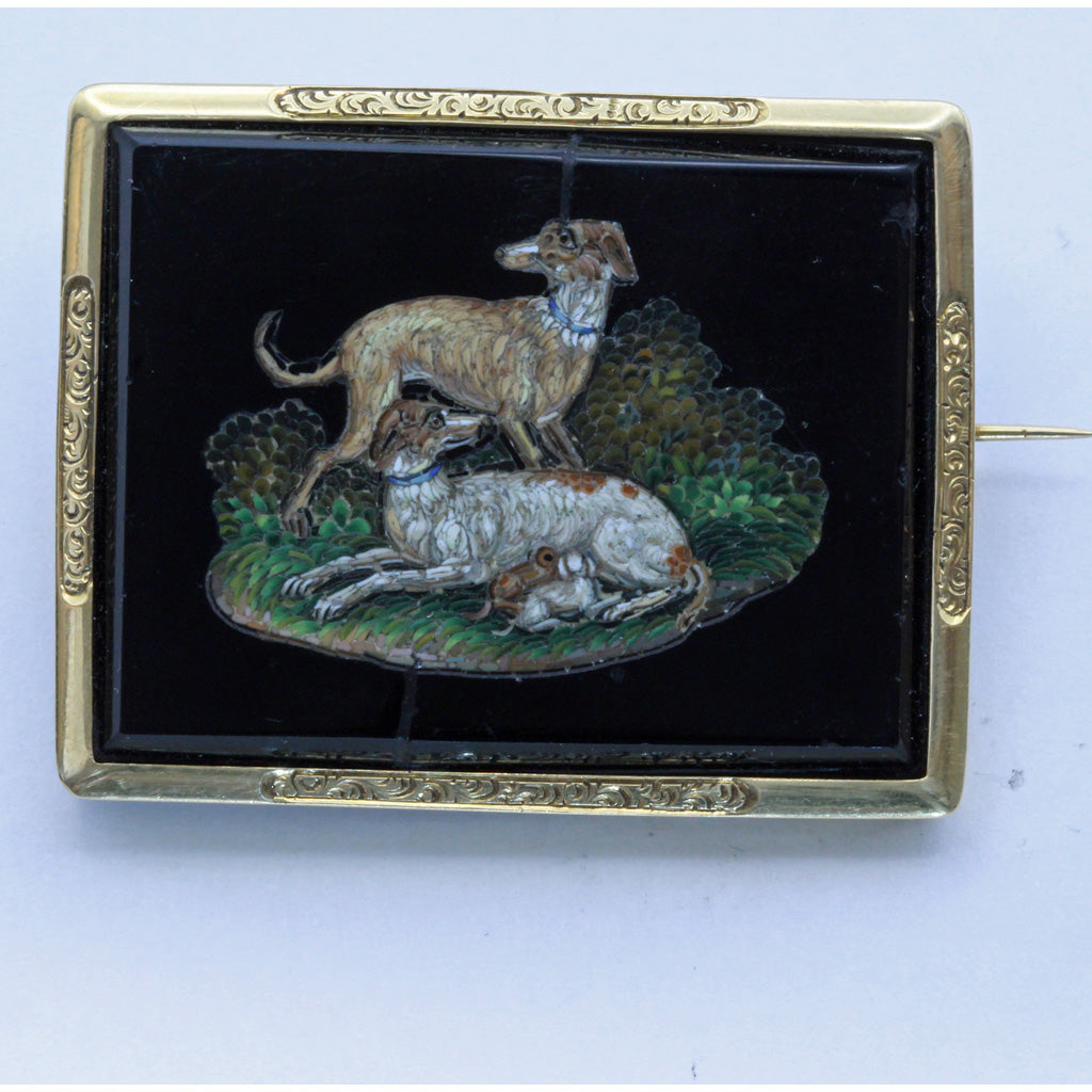 Antique Micromosaic Brooch Dogs w suckling puppies French 18k gold Spaniel (7418)