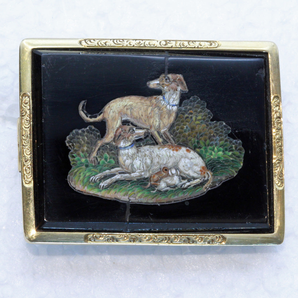 Antique Micromosaic Brooch Dogs w suckling puppies French 18k gold Spaniel (7418)