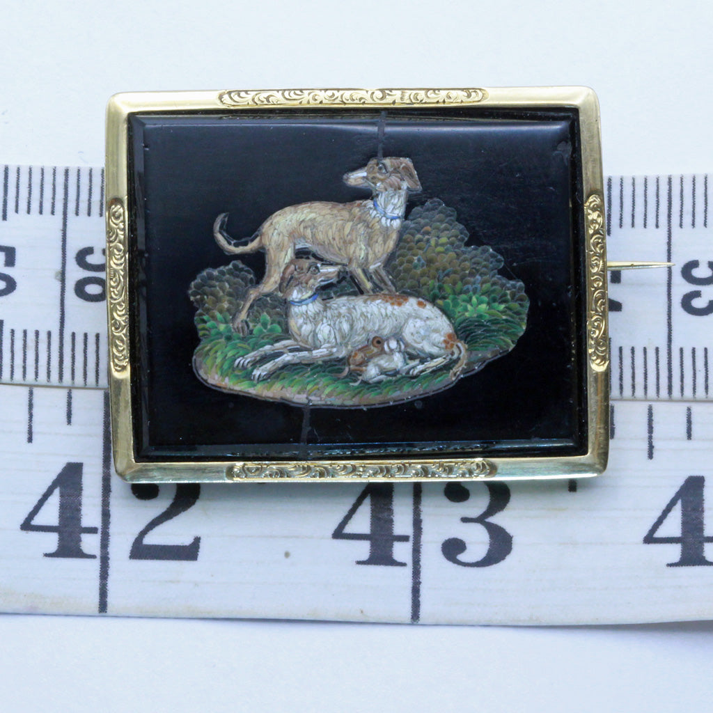 Antique Micromosaic Brooch Dogs w suckling puppies French 18k gold Spaniel (7418)