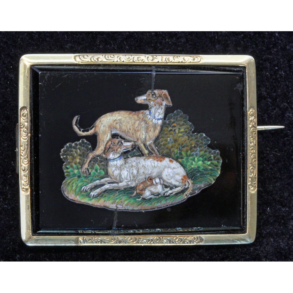 Antique Micromosaic Brooch Dogs w suckling puppies French 18k gold Spaniel (7418)