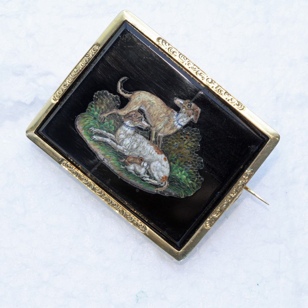 Antique Micromosaic Brooch Dogs w suckling puppies French 18k gold Spaniel (7418)