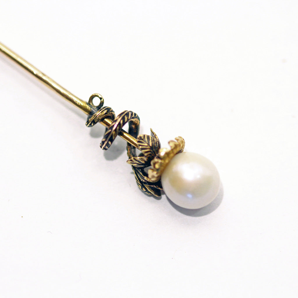 Antique Victorian tie pin snake 14k gold pearl black enamel brooch unisex (7429)