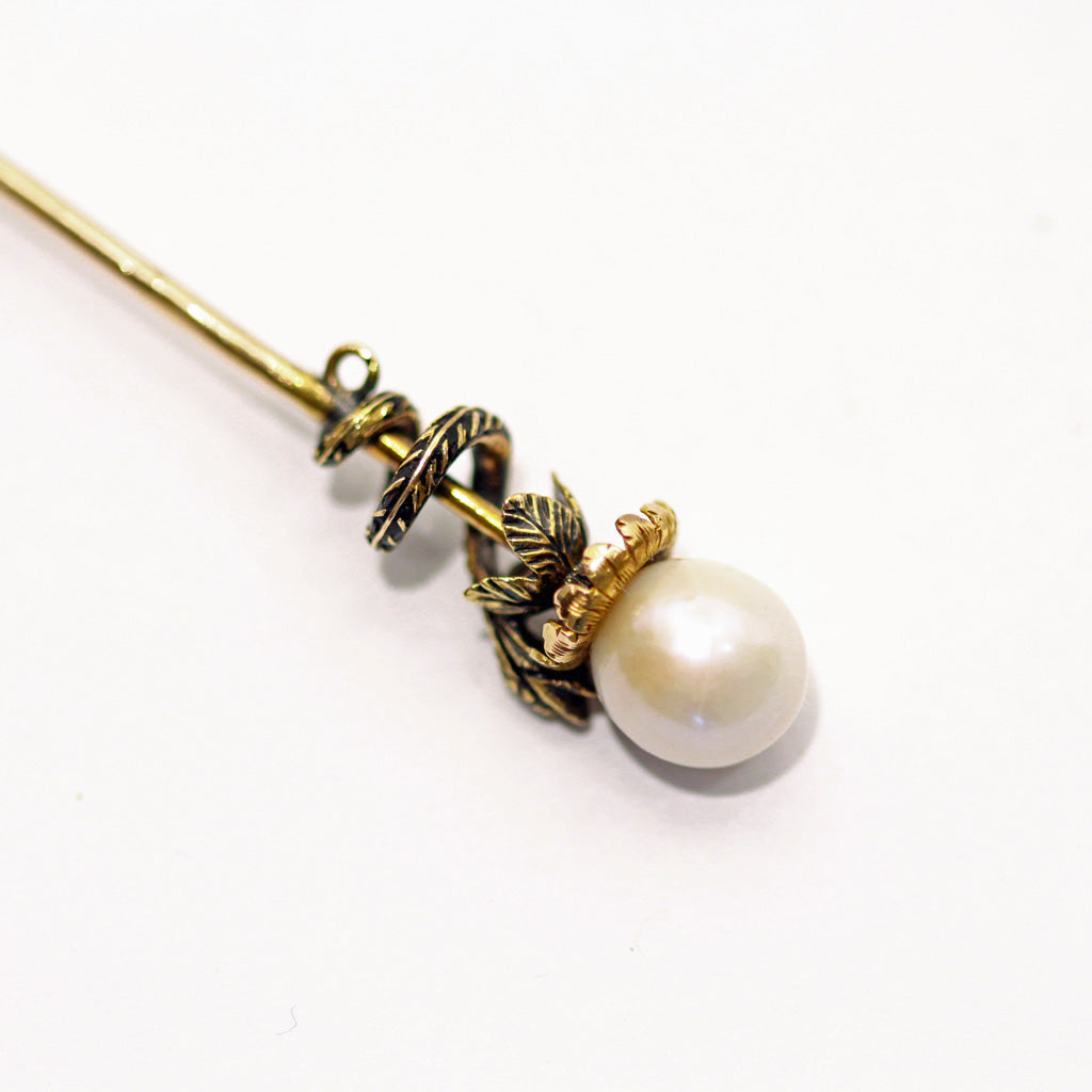 Antique Victorian tie pin snake 14k gold pearl black enamel brooch unisex (7429)