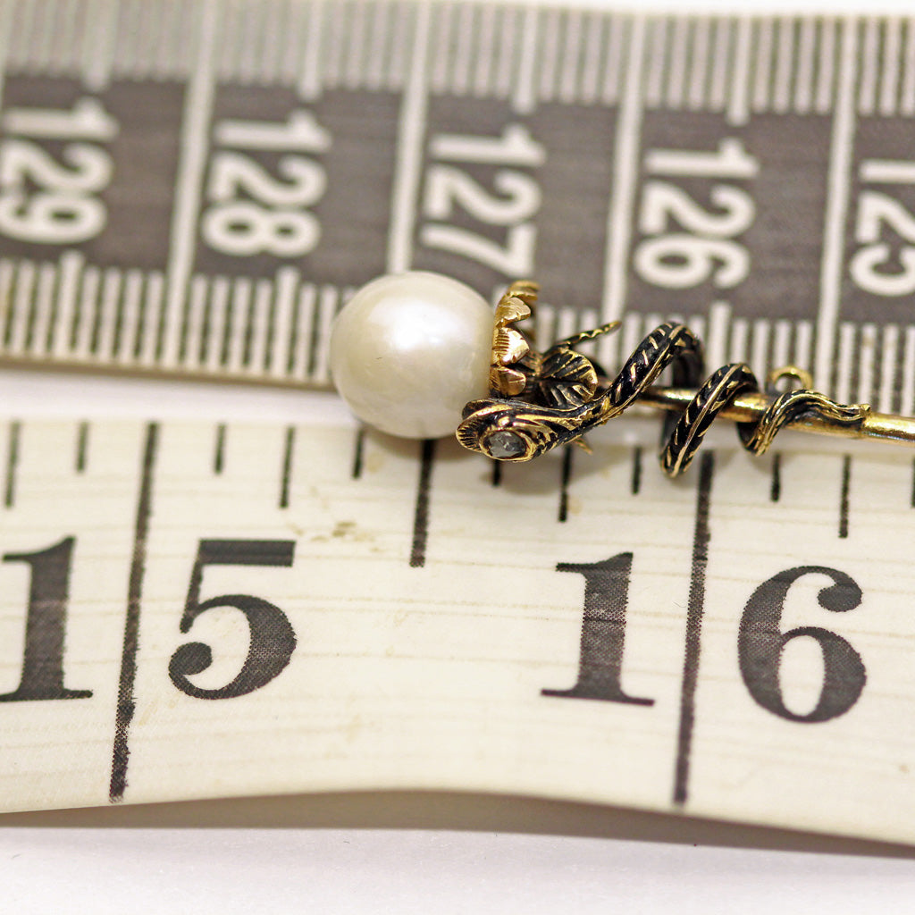 Antique Victorian tie pin snake 14k gold pearl black enamel brooch unisex (7429)