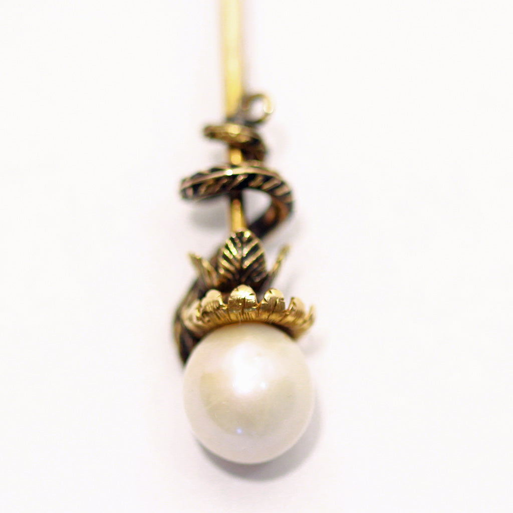 Antique Victorian tie pin snake 14k gold pearl black enamel brooch unisex (7429)