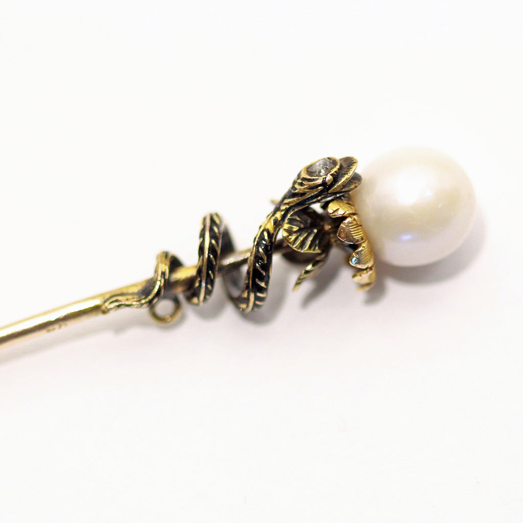 Antique Victorian tie pin snake 14k gold pearl black enamel brooch unisex (7429)