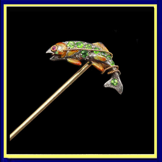 fish stick pin brooch gold platinum demantoid garnets ruby enamel antique