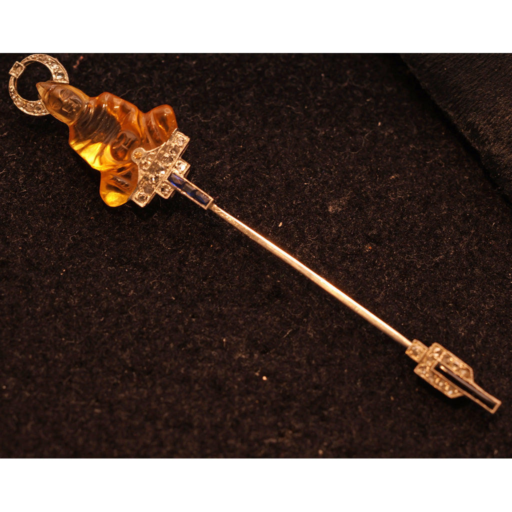 Cartier Art Deco Jabot brooch gold platinum diamonds carved citrine gems (7452)