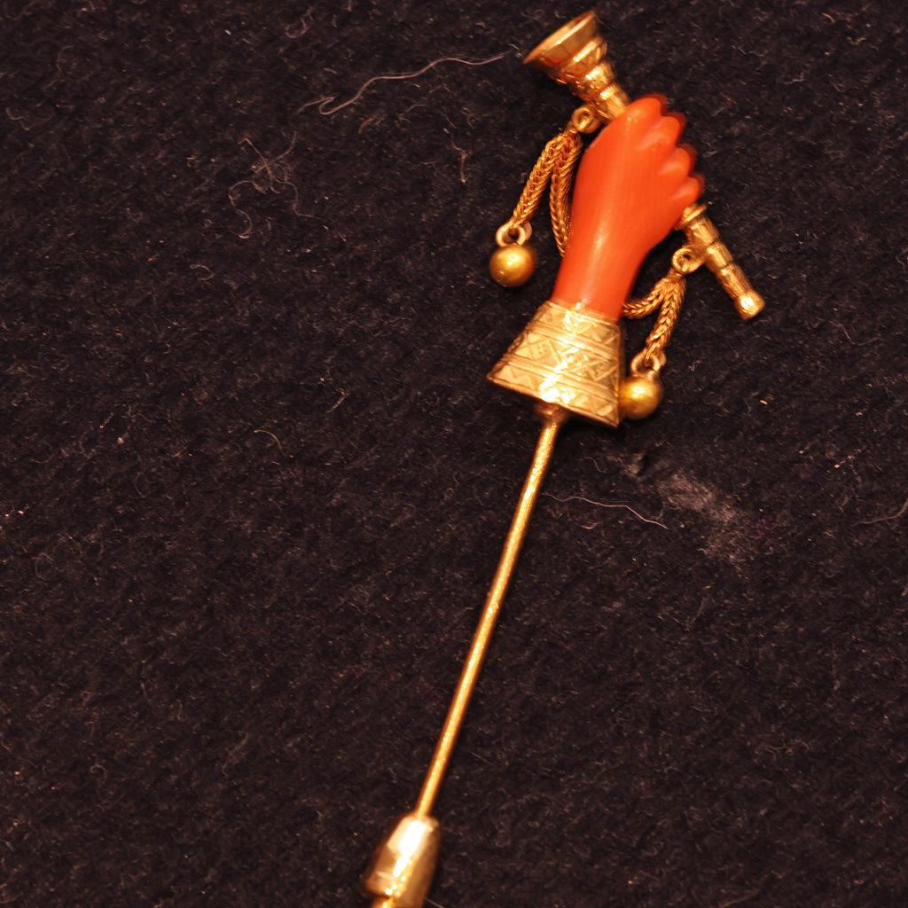 Antique Victorian stick tie pin gold carved natural coral mano figa bugle (7466)