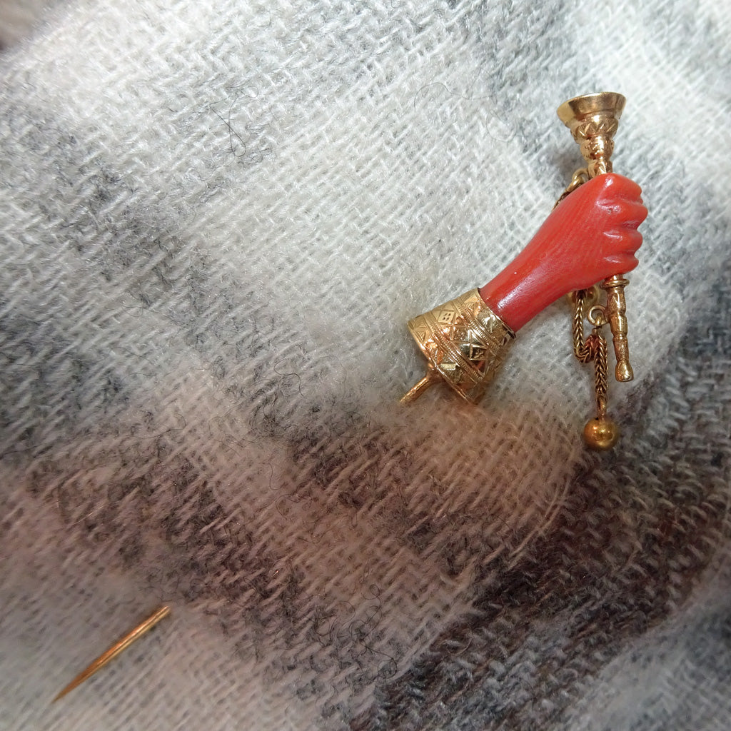 Antique Victorian stick tie pin gold carved natural coral mano figa bugle (7466)