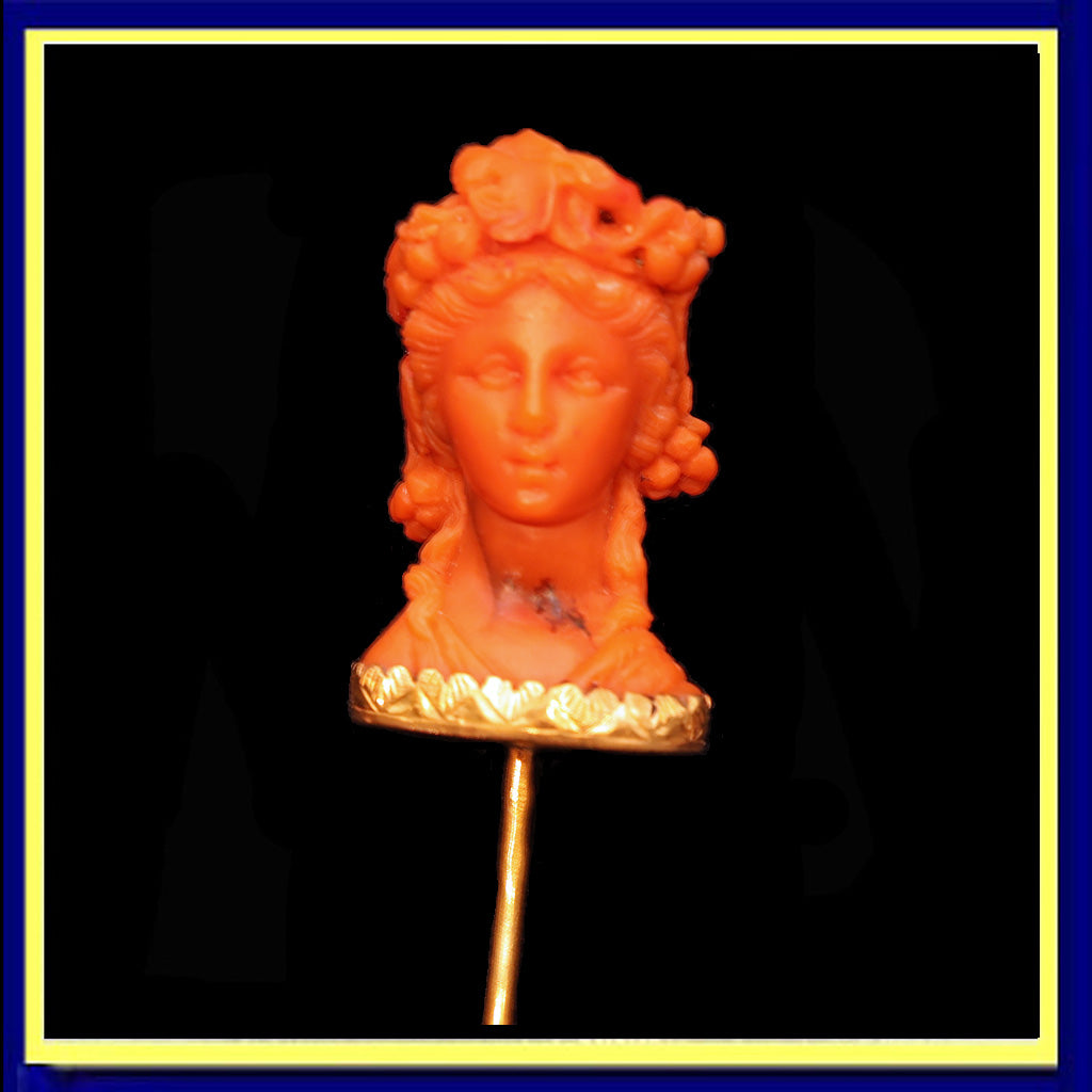 Antique Victorian Stick Tie Lapel pin gold carved natural coral goddess