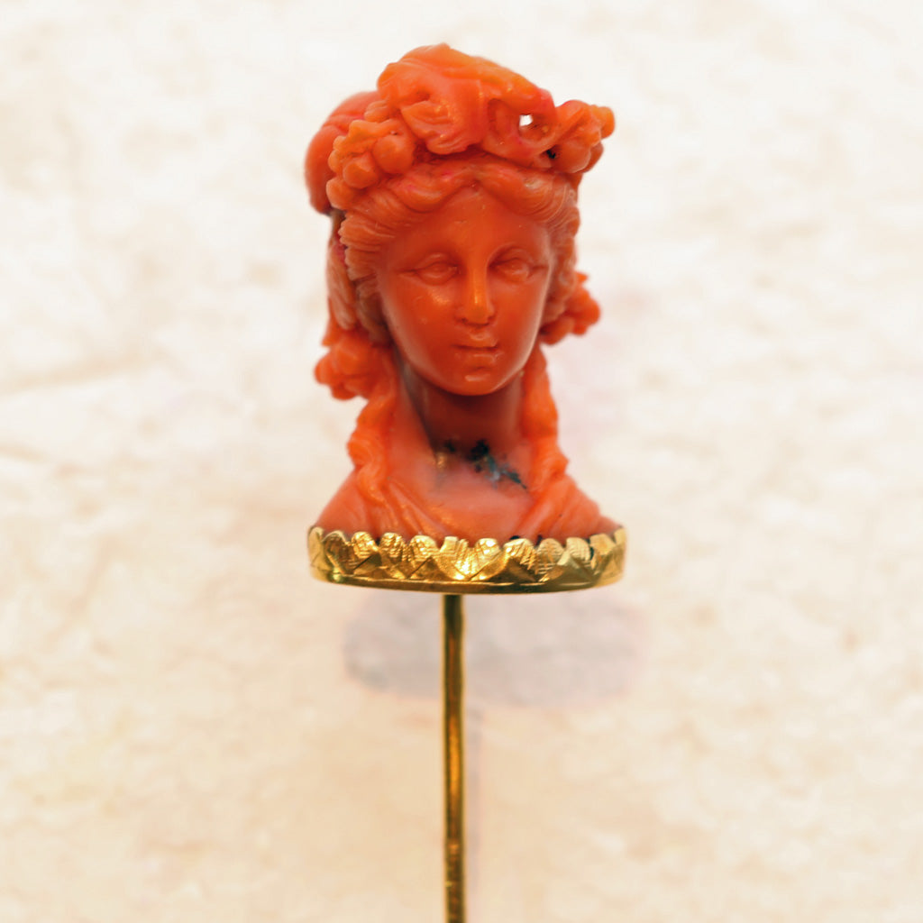 Antique Victorian Stick Tie Lapel pin gold carved natural coral goddess (7472)