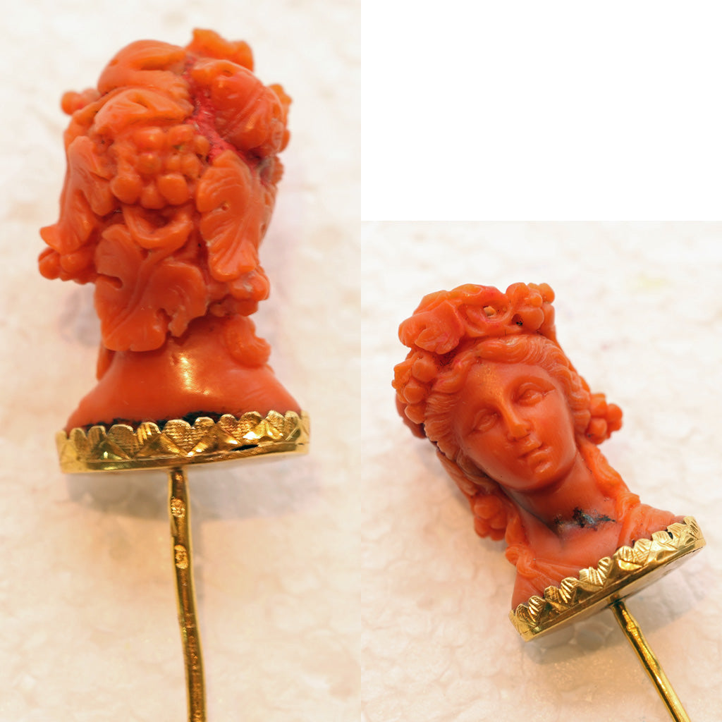 Antique Victorian Stick Tie Lapel pin gold carved natural coral goddess (7472)