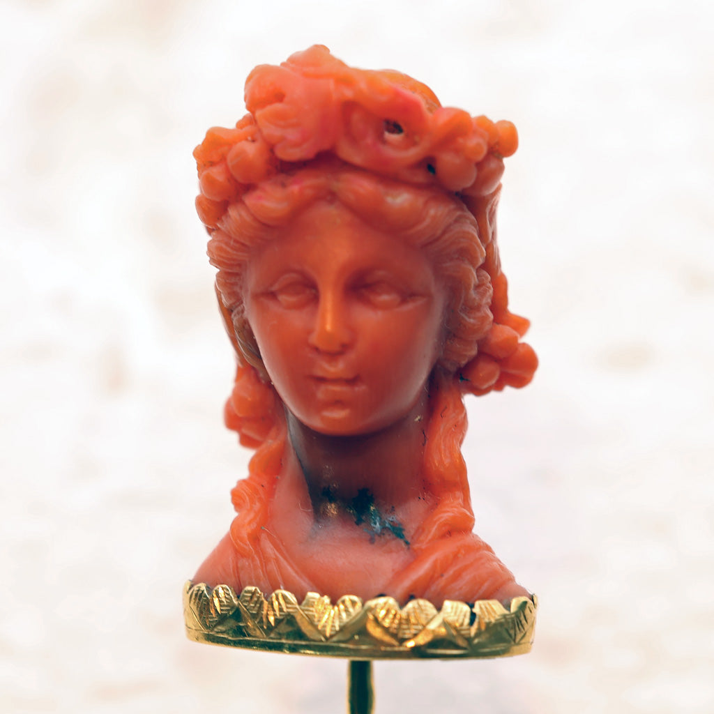 Antique Victorian Stick Tie Lapel pin gold carved natural coral goddess (7472)