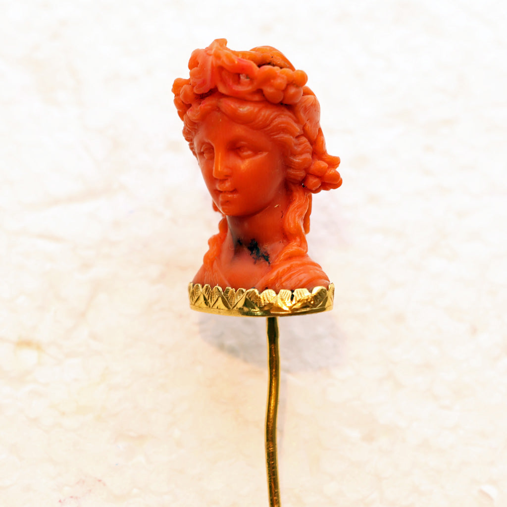 Antique Victorian Stick Tie Lapel pin gold carved natural coral goddess (7472)