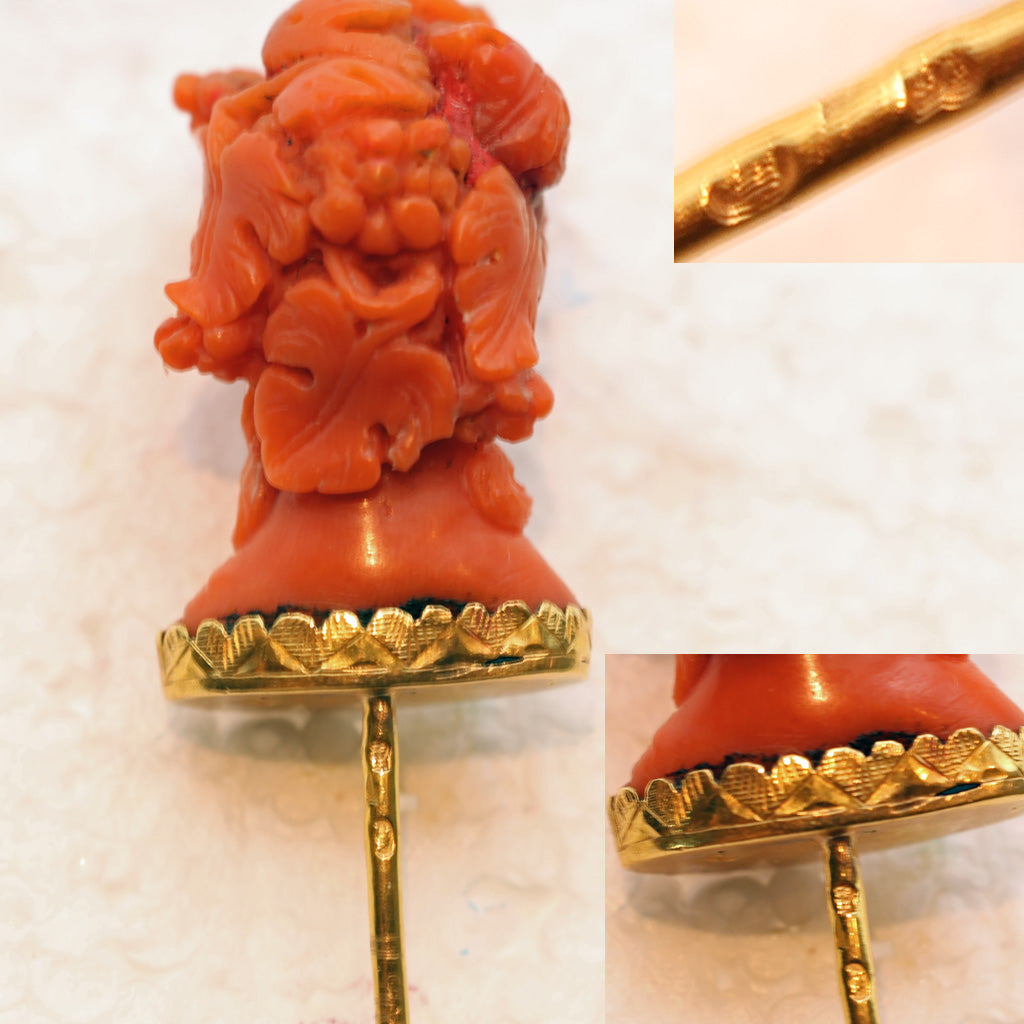 Antique Victorian Stick Tie Lapel pin gold carved natural coral goddess (7472)