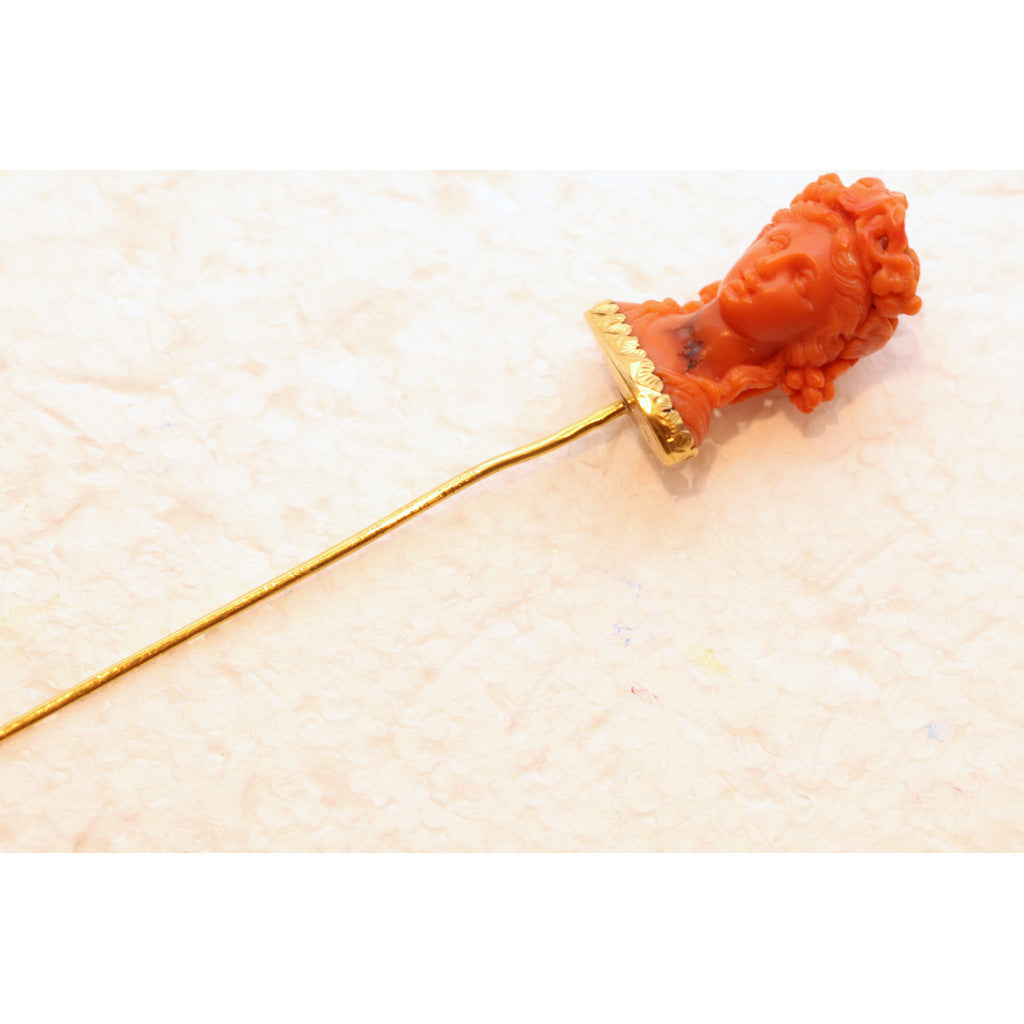 Antique Victorian Stick Tie Lapel pin gold carved natural coral goddess (7472)