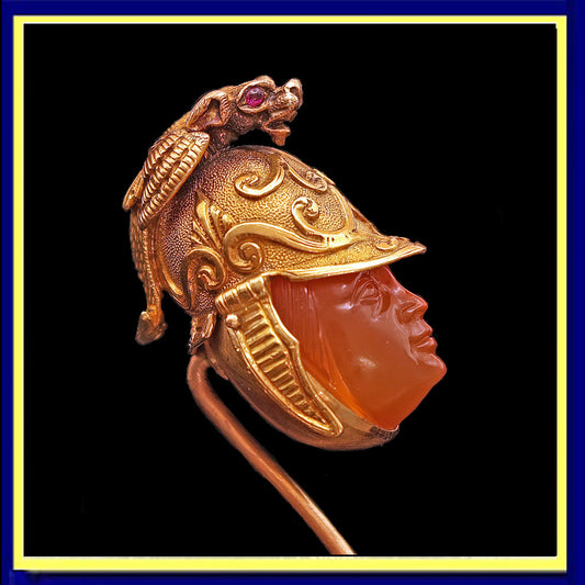 Antique Stick Tie Pin hardstone cameo god w Gold Dragon Helmet Ruby eyes