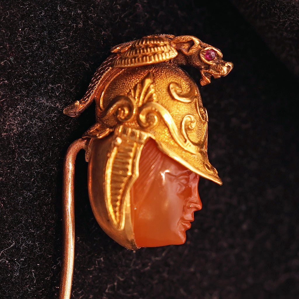 Antique Stick Tie Pin hardstone cameo Mars god w Gold Griffin Ruby eyes (7473)