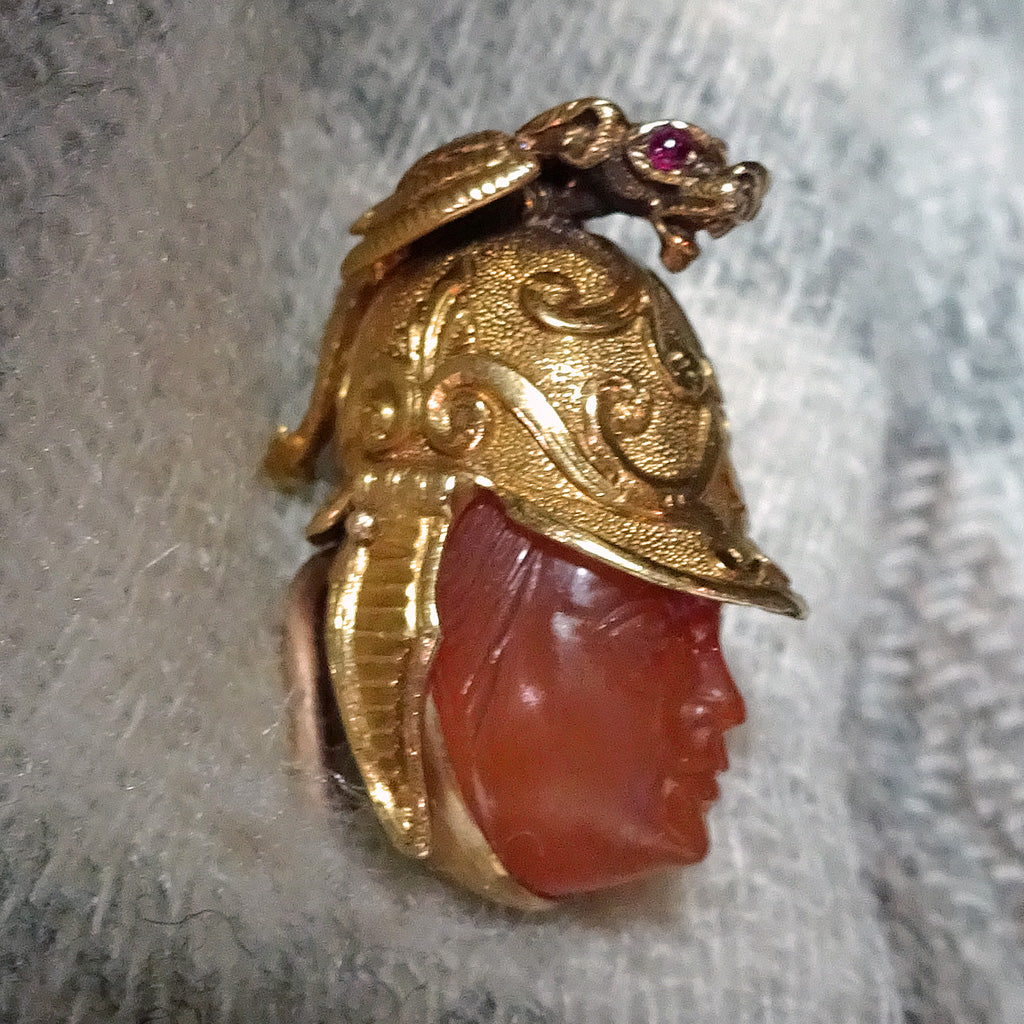 Antique Stick Tie Pin hardstone cameo Mars god w Gold Griffin Ruby eyes (7473)