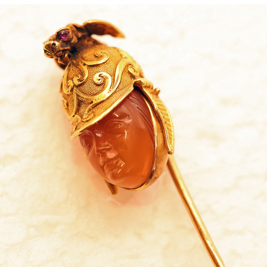 Antique Stick Tie Pin hardstone cameo Mars god w Gold Griffin Ruby eyes (7473)