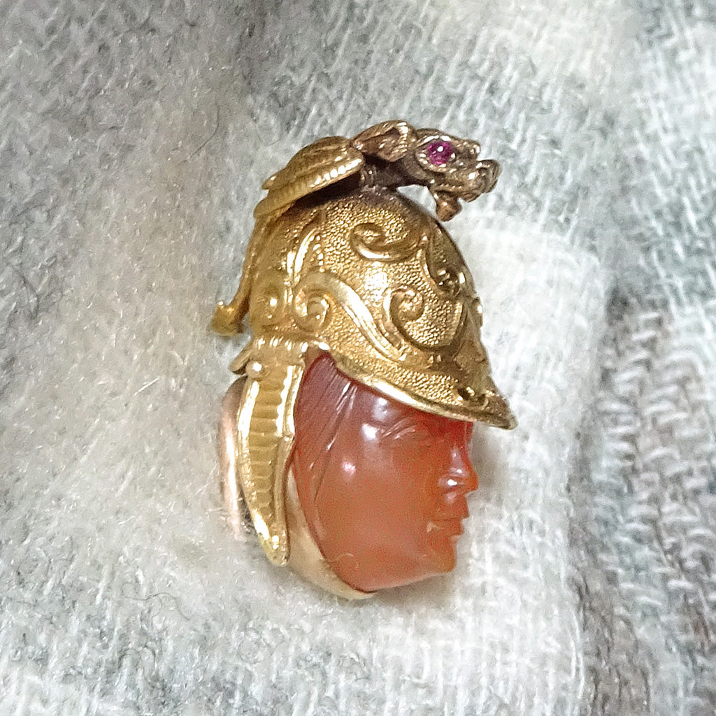 Antique Stick Tie Pin hardstone cameo Mars god w Gold Griffin Ruby eyes (7473)