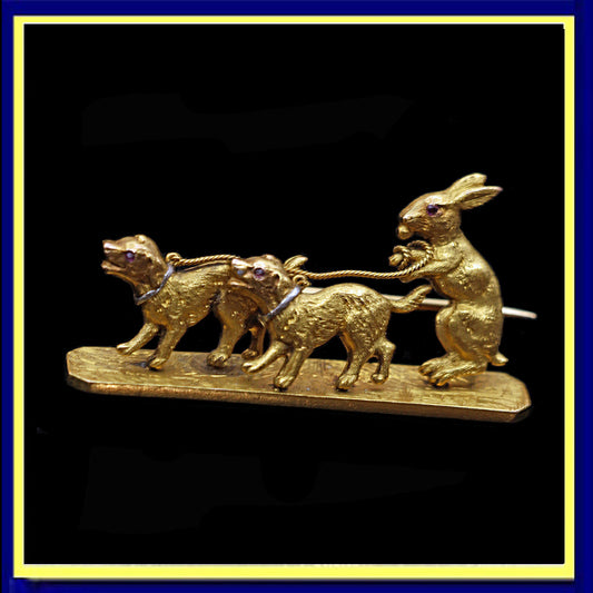 Antique French brooch 18k gold platinum bunny rabbit dogs sled ruby eyes