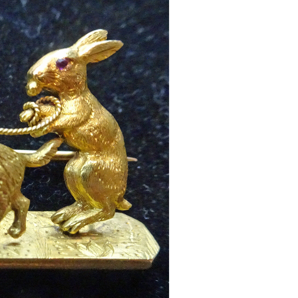 Antique French brooch 18k gold platinum bunny rabbit dogs sled ruby eyes (7477)